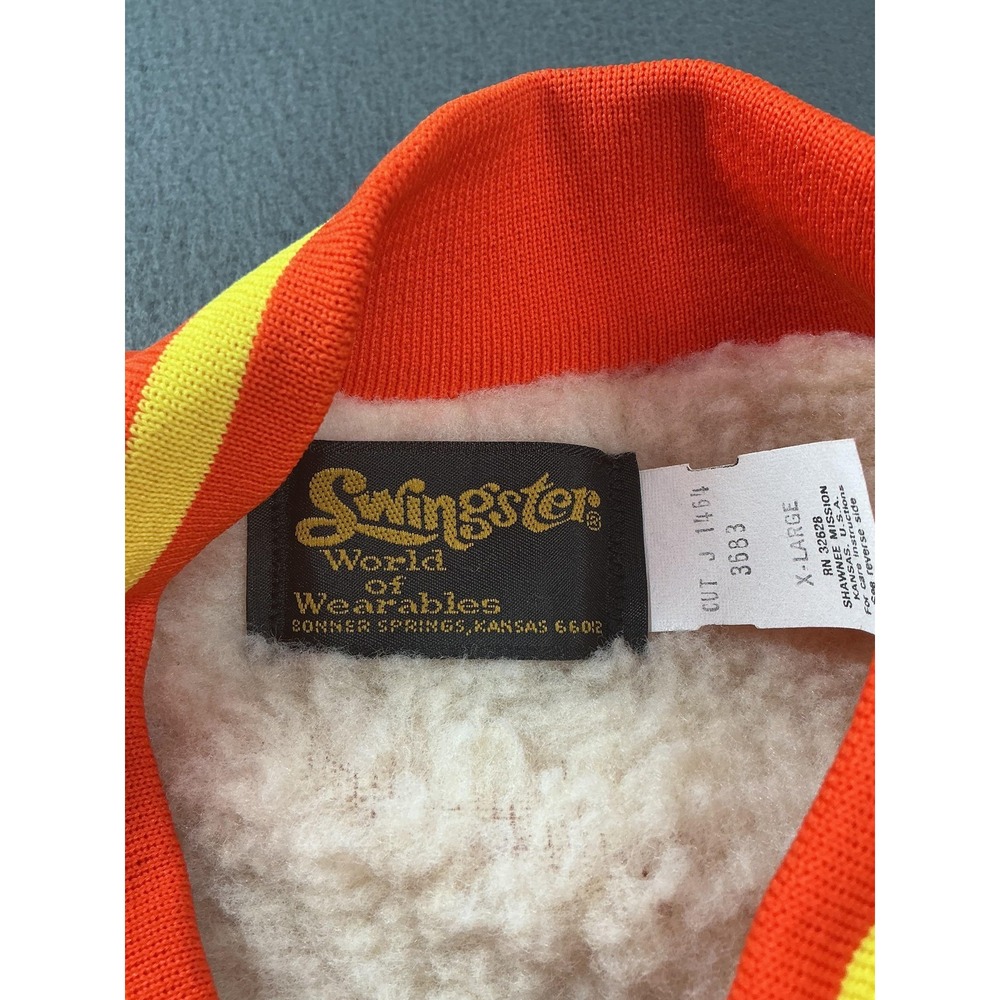 Vintage Swingster Jacket Mens XL Orange Varsity Sherpa Lined Snap Front 80s - Picture 2 of 11